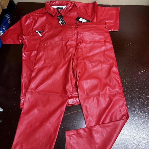 Reason Clothing red faux leather but in front shirt with leather pants LARGE - Picture 3 of 6